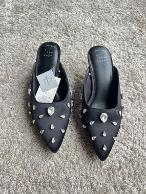 a new day Black Jeweled Pointed Toe Slip-On Mules. Size 7